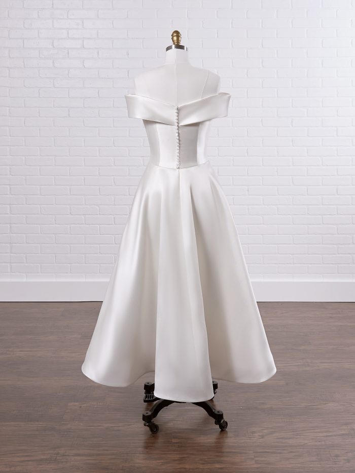 Off-the-Shoulder Sleeve Satin Short Wedding Dress Called Josie Lane by Rebecca Ingram