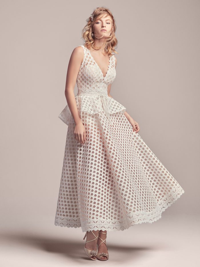 Model Wearing Retro Short Wedding Dress Called Reggie Jane by Rebecca Ingram