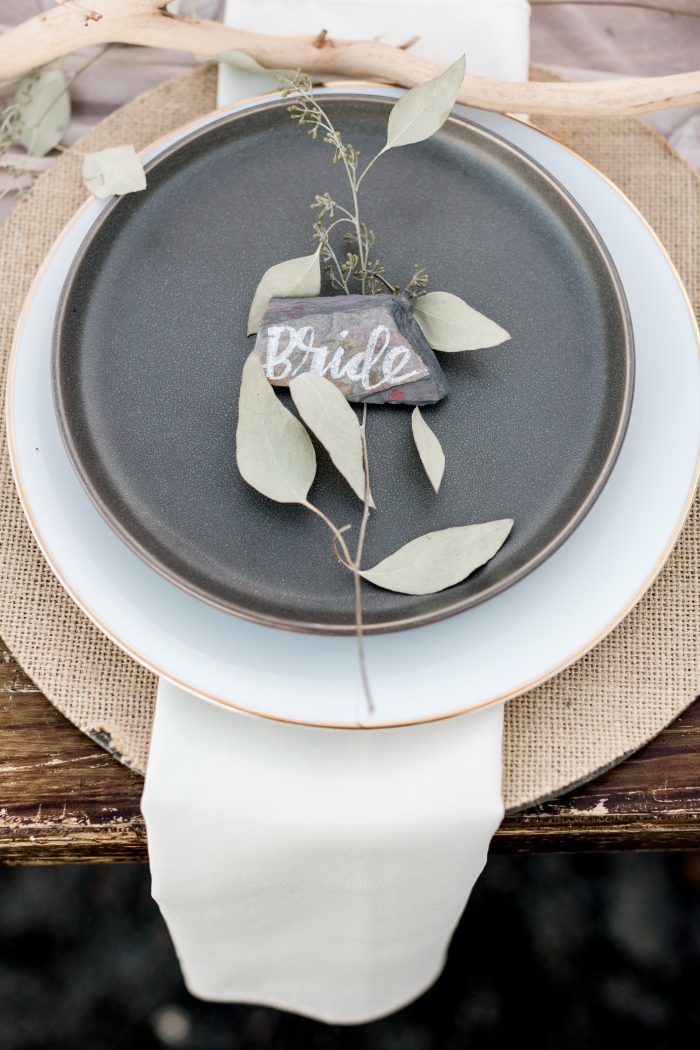 Grey Place Setting for Intimate Reception that Says "Bride"