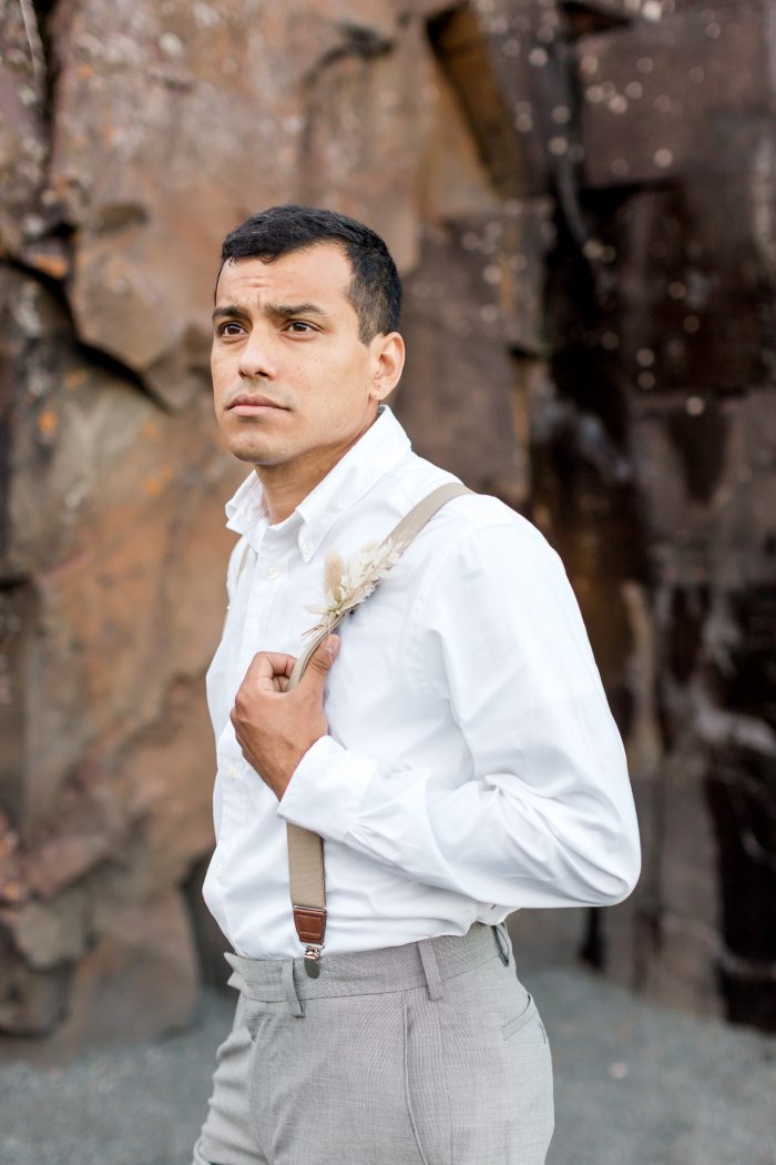 Groom Wearing White Shirt with Suspenders for Casual Groom's Wedding Attire