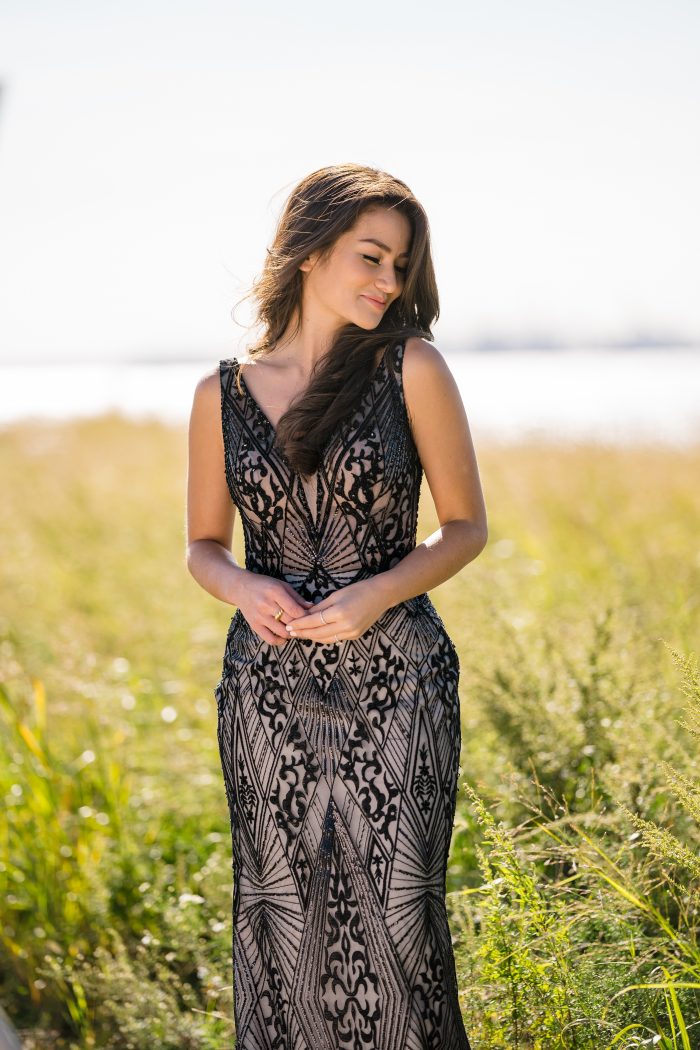 Influencer Wearing Black Art Deco Wedding Dress Called Elaine by Maggie Sottero