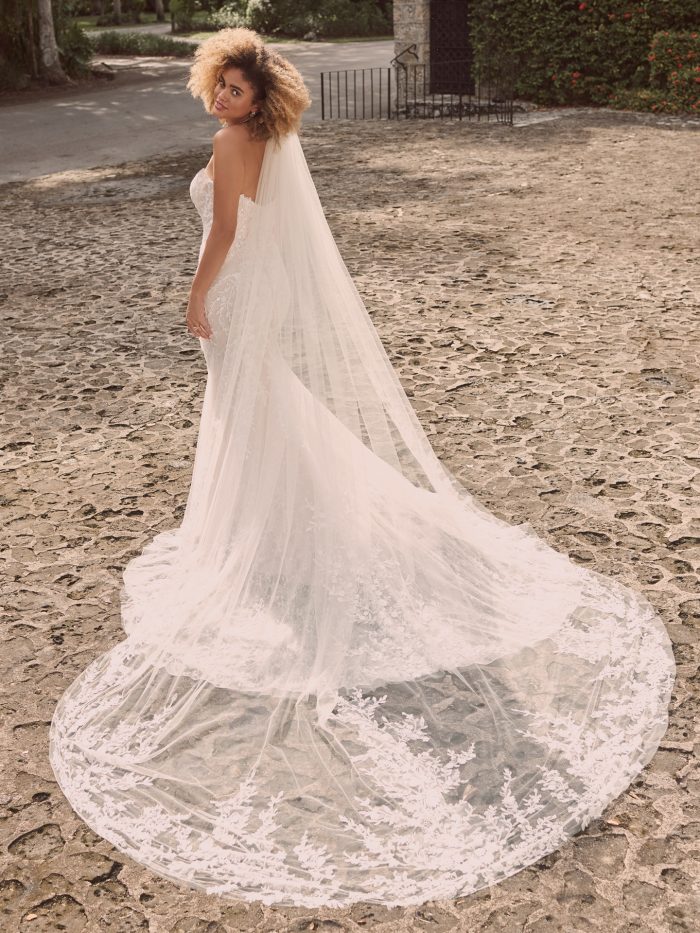 Model Wearing Strapless Lace Bridal Dress with Simple Vintage Wedding Veil Called Charmaine by Maggie Sottero