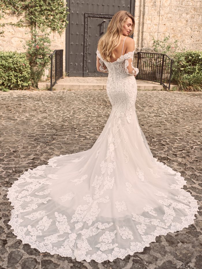 Bride Wearing Fit-and-Flare Lace Wedding Dress with Extended Train Called Fiona by Maggie Sottero