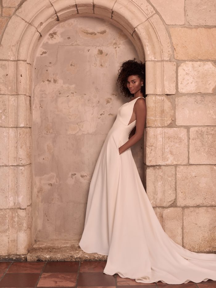 Model Wearing Crepe A-line Wedding Dress Called Josephine Lynette by Maggie Sottero