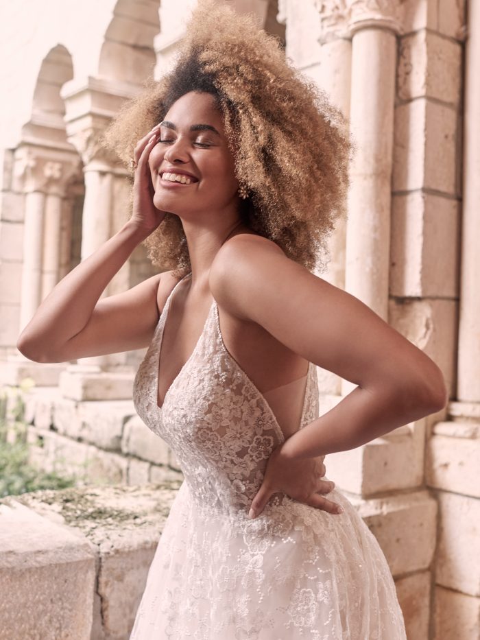 Model Wearing Romantic Floral A-line Wedding Gown Called Lorenza by Maggie Sottero