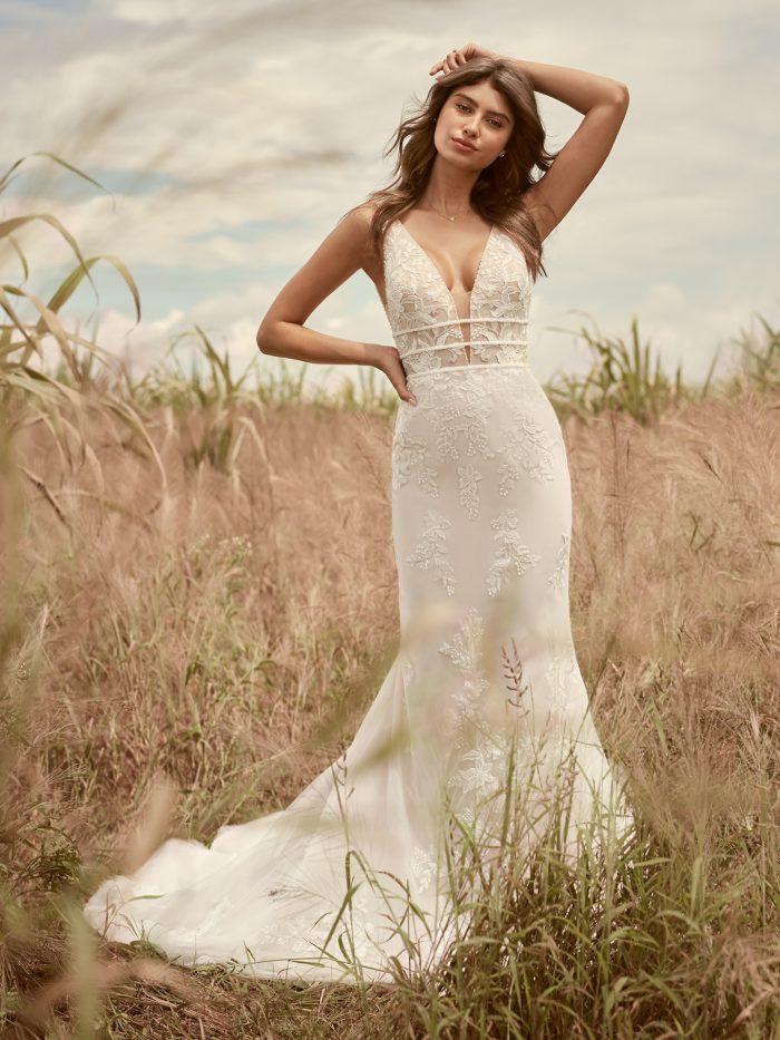 Bride Wearing V-Neck Sheath Wedding Dress for Petite Brides Called Angie by Rebecca Ingram