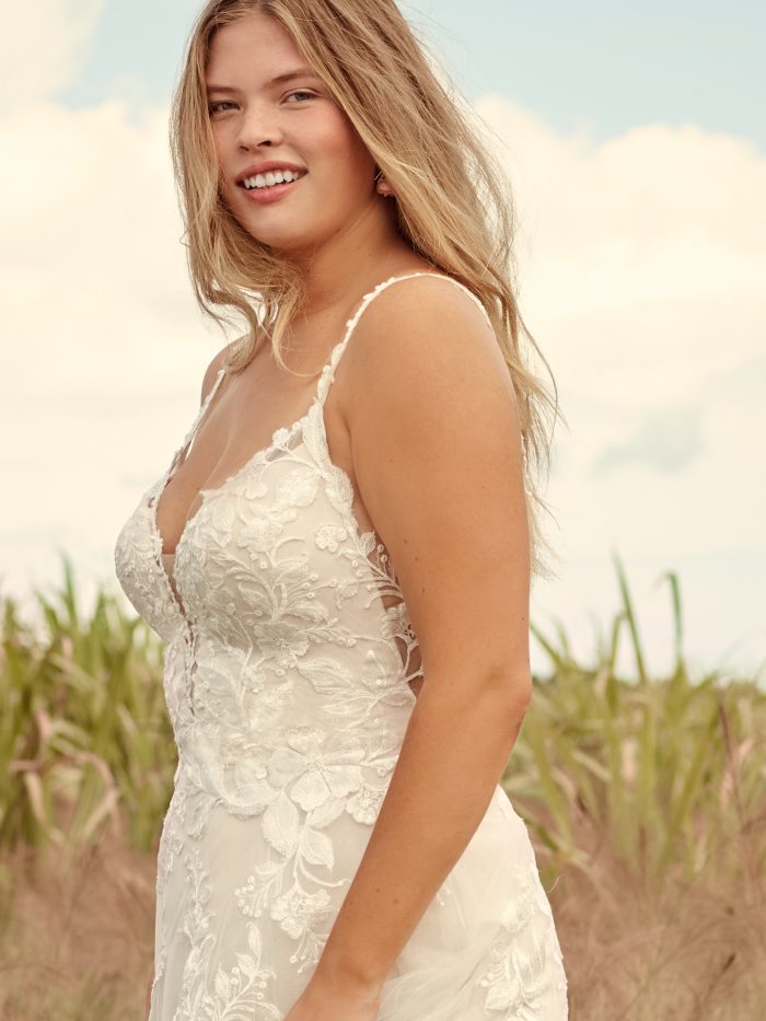 Model Wearing Affordable A-line Bridal Gown Called Ellen by Rebecca Ingram