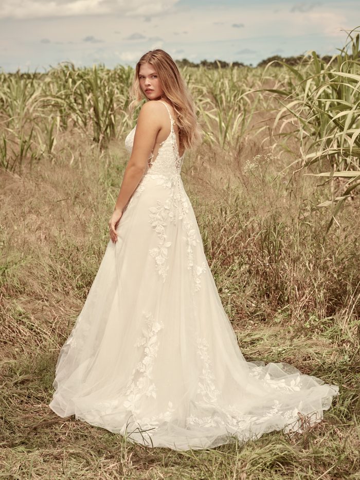Model Wearing Affordable A-line Bridal Gown Called Ellen by Rebecca Ingram