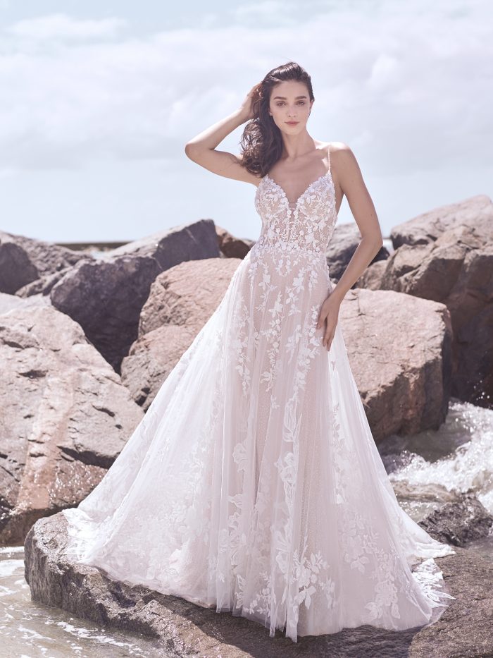 Model Wearing Dreamy Ball Gown Wedding Dress Called Marlow by Sottero and Midgley