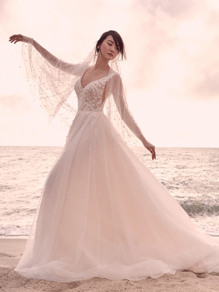 Model Wearing Sparkly Dreamy Wedding Dress Called Pierce by Sottero and Midgley