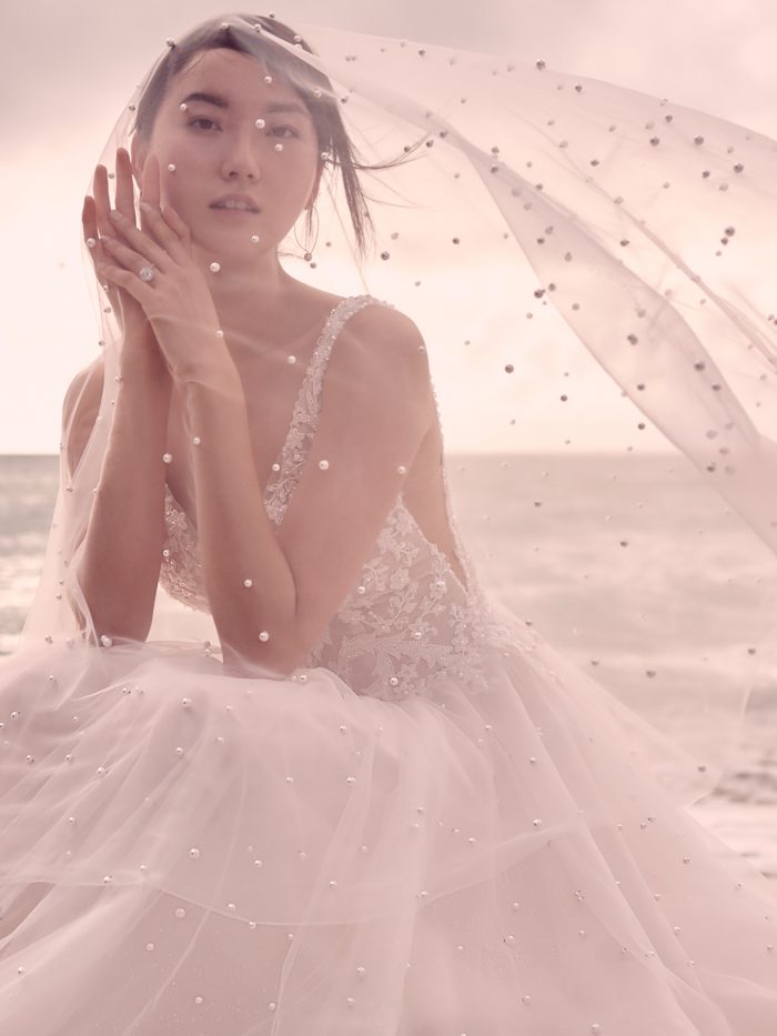 Model Wearing Dreamy Boho Beaded Wedding Dress Called Pierce by Sottero and Midgley