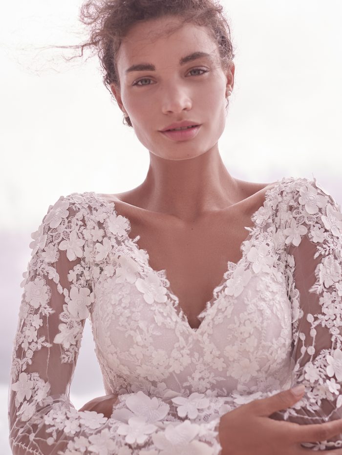 Model Wearing Long Sleeve 3D Lace Bridal Gown Called Reeve by Sottero and Midgley