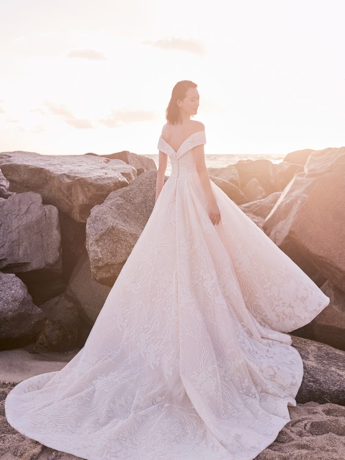 Model Wearing Off-the-Shoulder Classic Ball Gown Wedding Dress Called Thomas by Sottero and Midgley