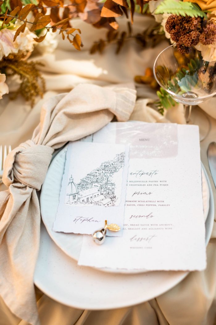 Italian Wedding Shoot Table Setting with Wedding Menu with Map of Italy