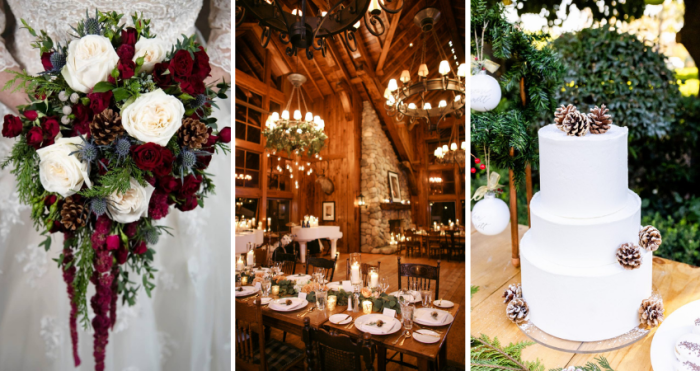 Holiday Wedding Inspiration Blog Header With Bouquet, Cozy Cabin Venue, And Pinecone Wedding Cake