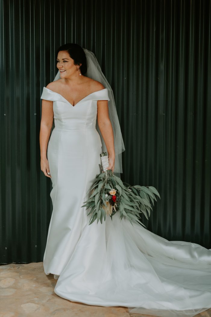 Bride In Off The Shoulder Wedding Dress Called Josie By Rebecca Ingram