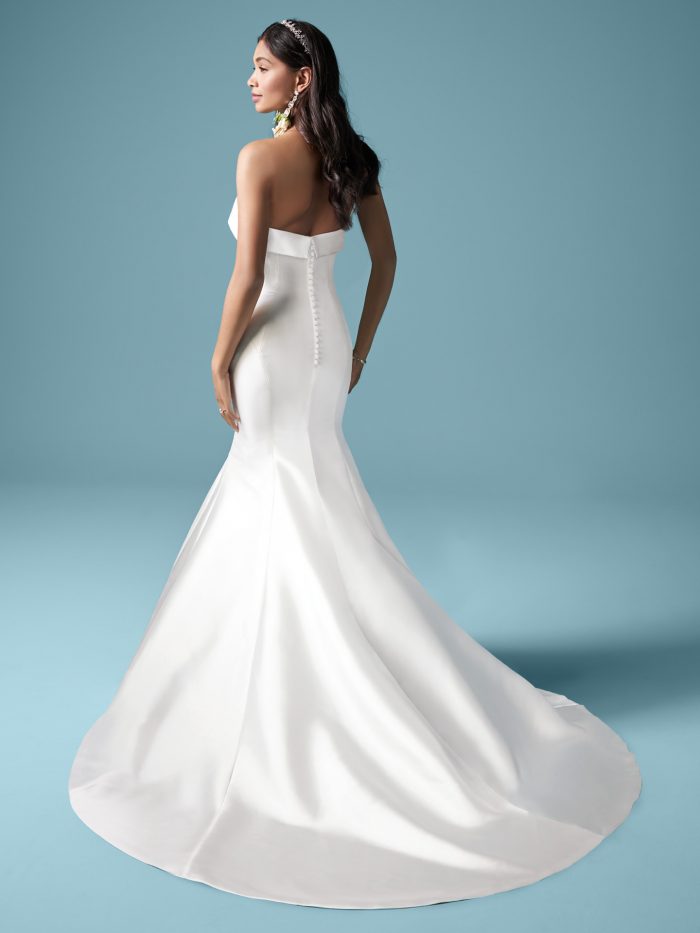 Model Wearing Slinky Strapless Satin Wedding Dress Called Mitchel Marie by Maggie Sottero