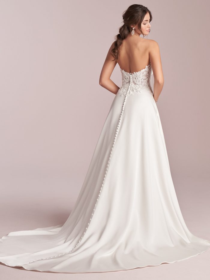 Model Wearing Silky Satin A-line Wedding Dress Called Leota by Rebecca Ingram