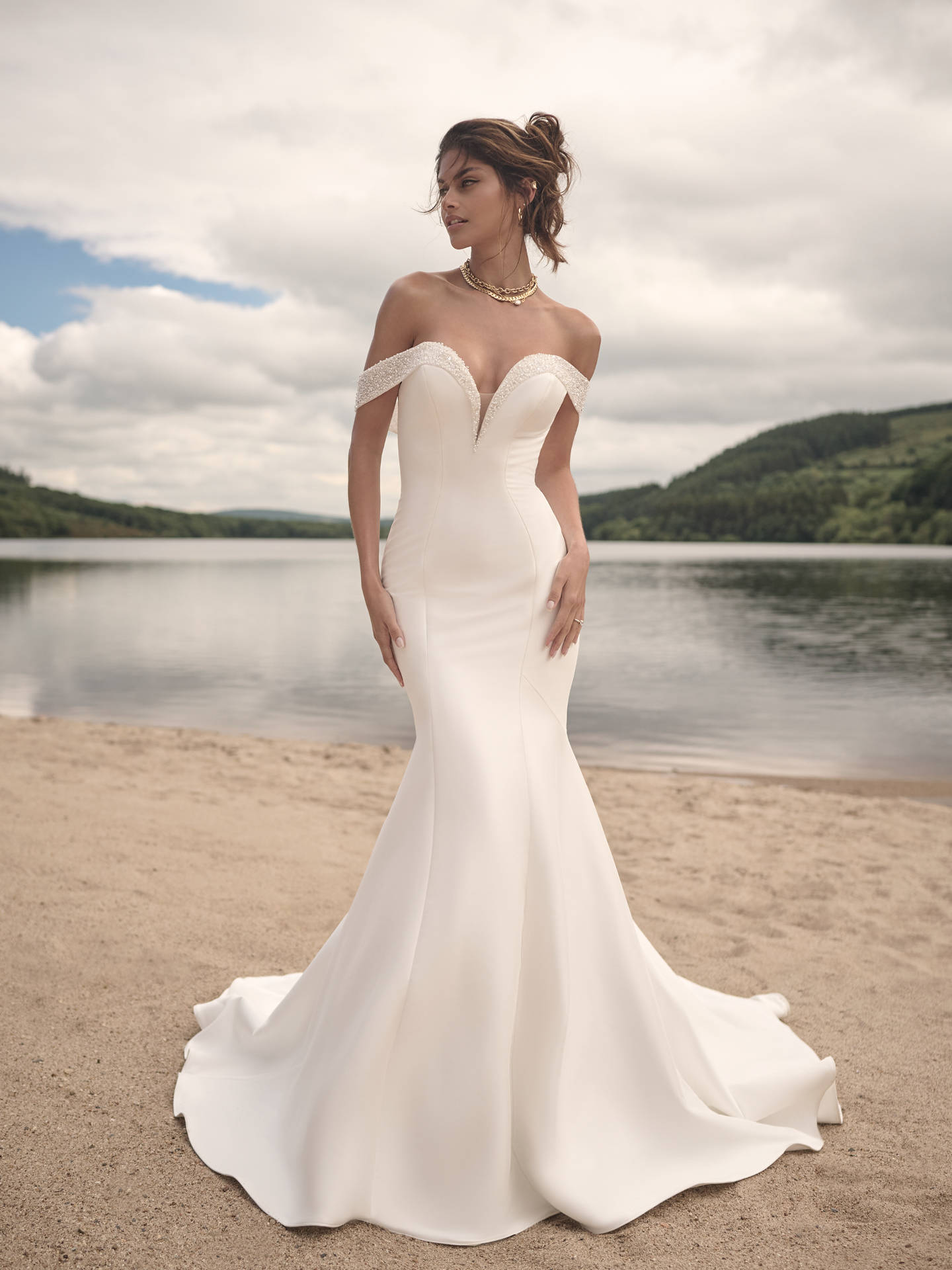 Fit and flare off the shoulder wedding dress hotsell