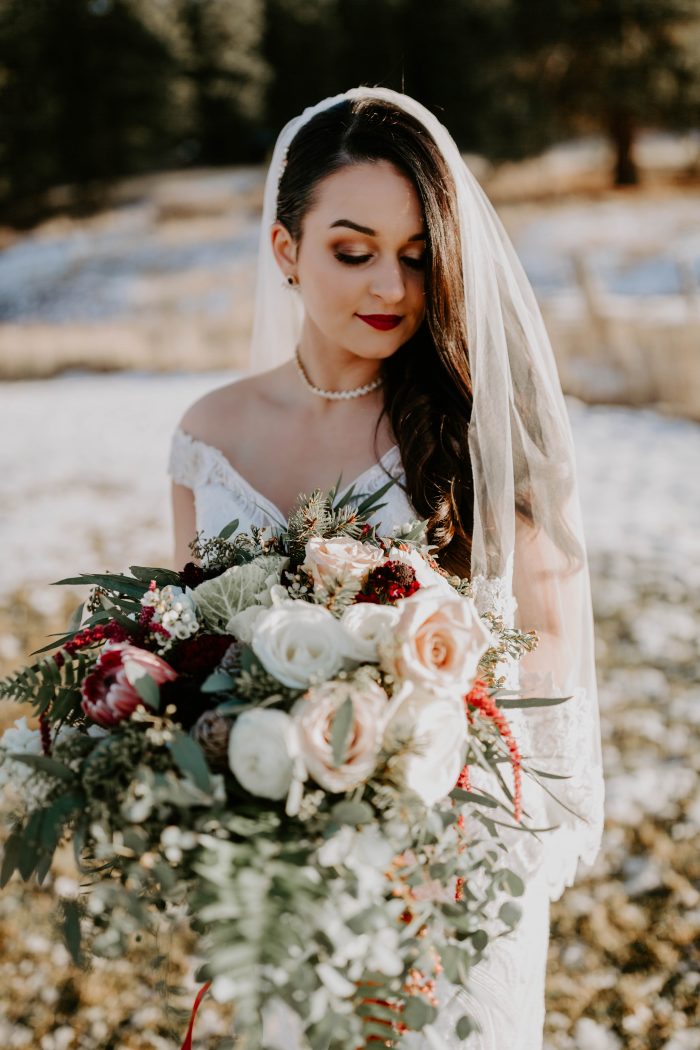 Real Bride Wearing Off-the-Shoulder Sleeve Lace Wedding Dress Called Sabra by Maggie Sottero