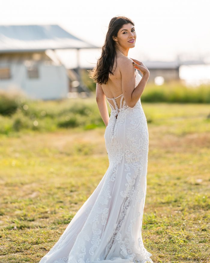 Influencer Wearing Strapless Lace Wedding Dress Called Erin Marie by Maggie Sottero