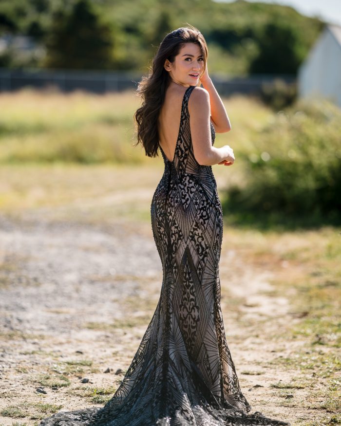 Influencer Caila Quinn Wearing One Of Our Unique Wedding Dresses That Is A Black Wedding Dress Called Elaine by Maggie Sottero