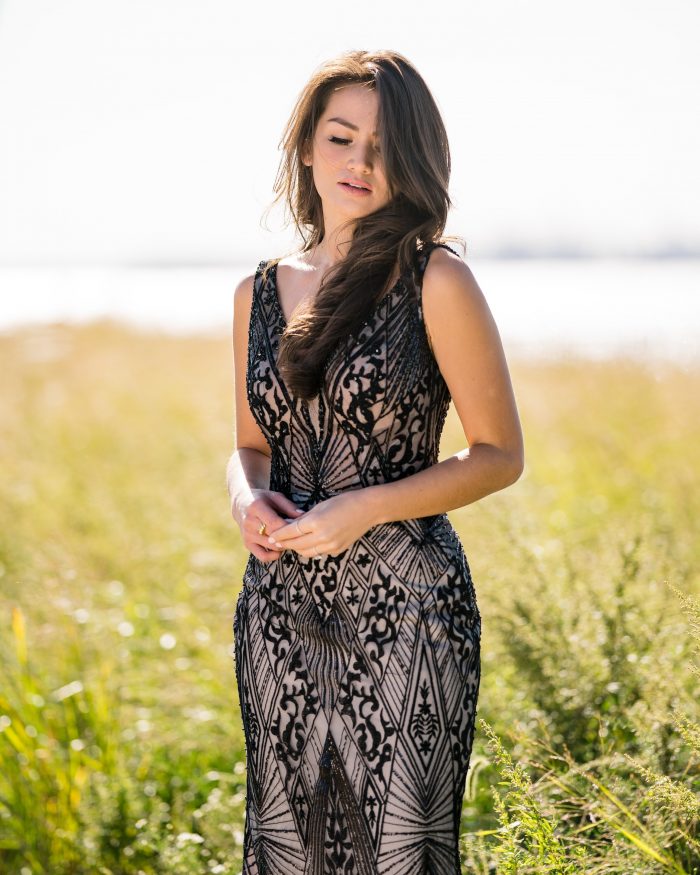 Influencer Caila Quinn Wearing Black Sheath Wedding Dress Called Elaine by Maggie Sottero