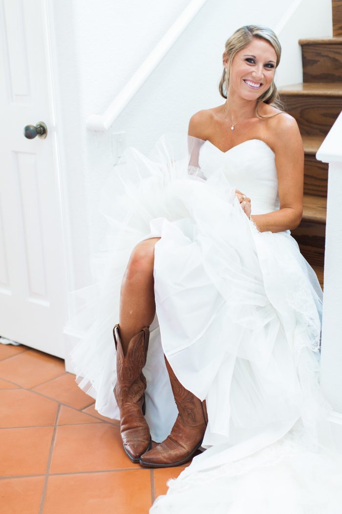 Bride Wearing Brown Cowboy Boots With Bride Wearing A Bridal Dress Called Savannah By Maggie Sottero
