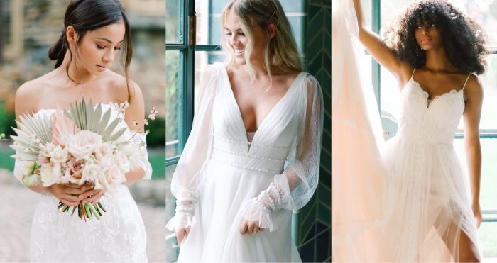 Collage of Three Diverse Brides Wearing Bohemian Wedding Dresses by Maggie Sottero