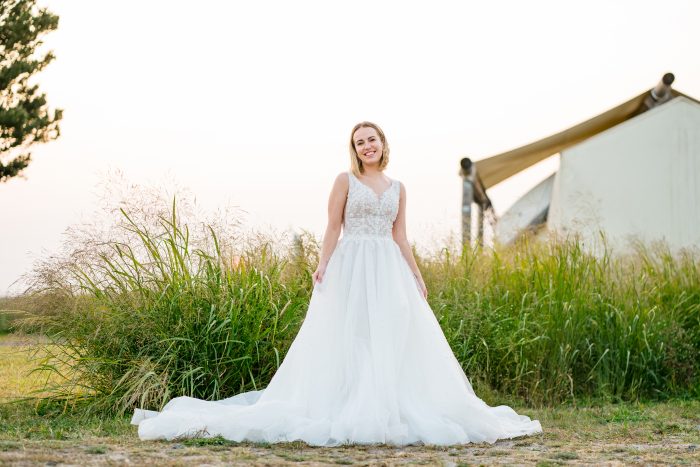Bride Wearing Pearl Sheer A-line Wedding Dress Called Pierce by Sottero and Midgley