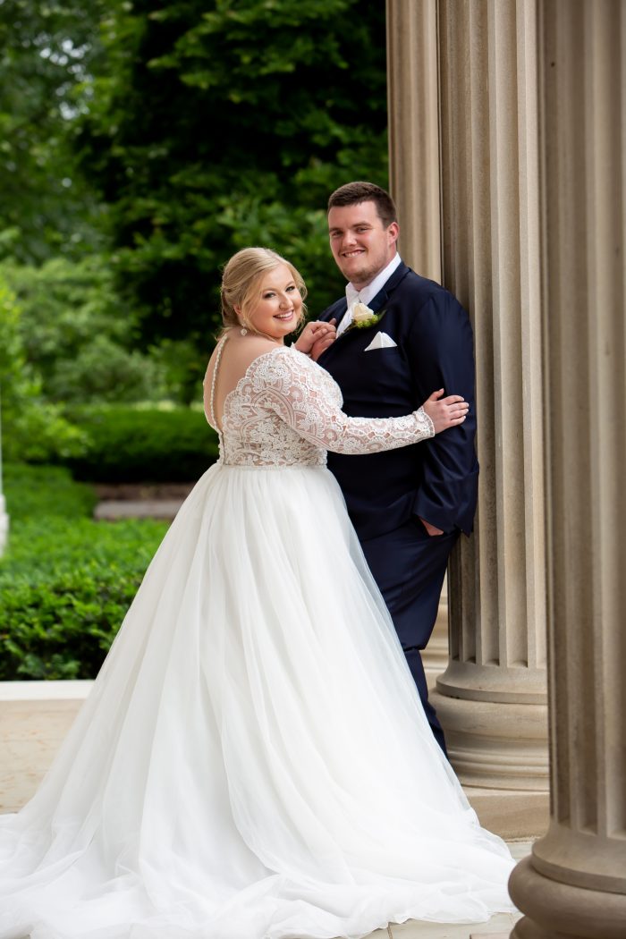 Bride In Lace Wedding Dress With Man In Grooms Wedding Attire Called Mallory Dawn By Maggie Sottero