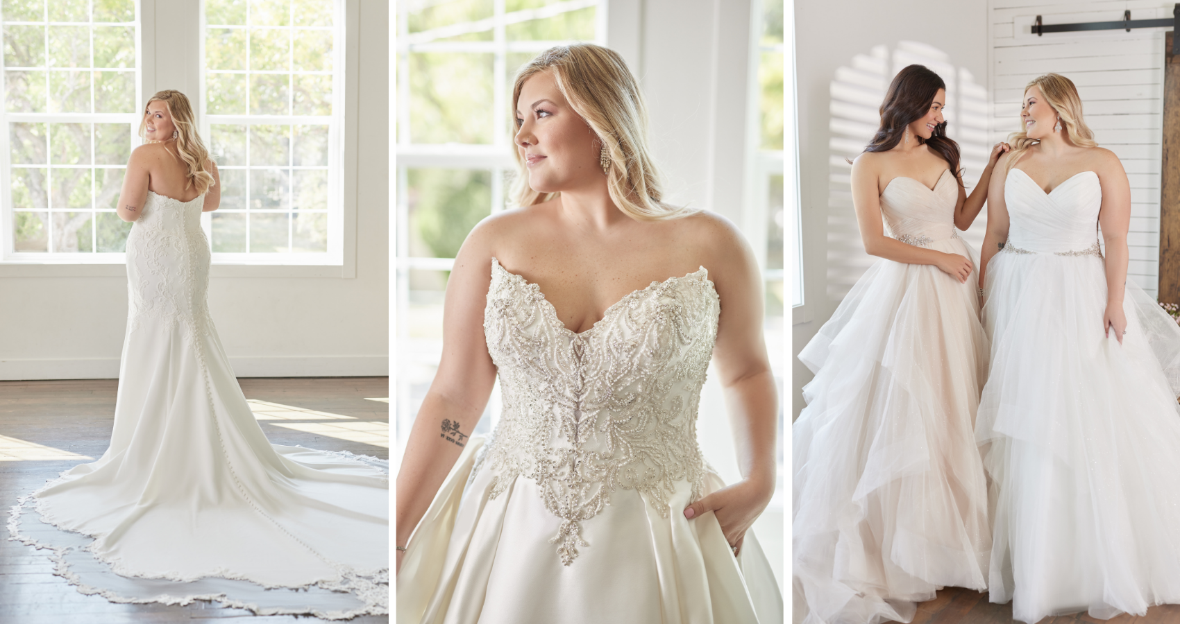 Classic Wedding Dresses Blog HEader With Brides Wearing Kimora By Sottero And Midgley, Yasmin By Maggie Sottero, And Weston By Sottero And Midgley