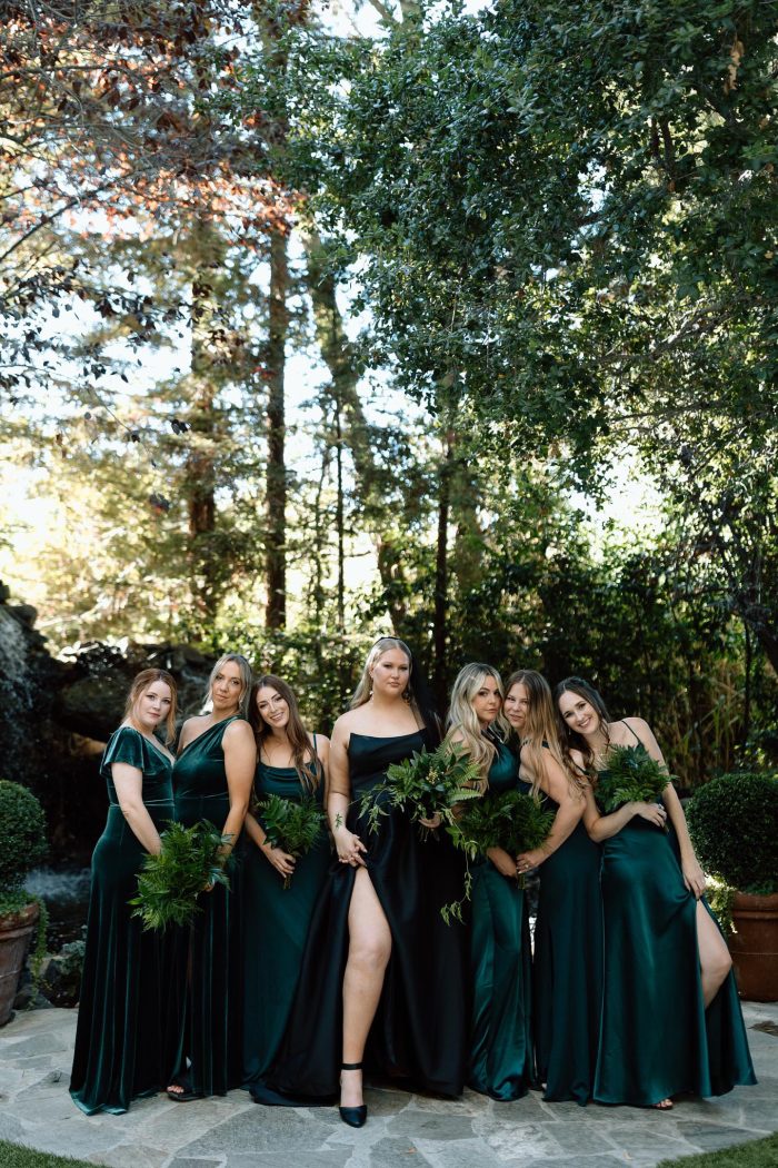 Bride wearing Aspen by Sottero and Midgley with her friends in green bridesmaid dresses