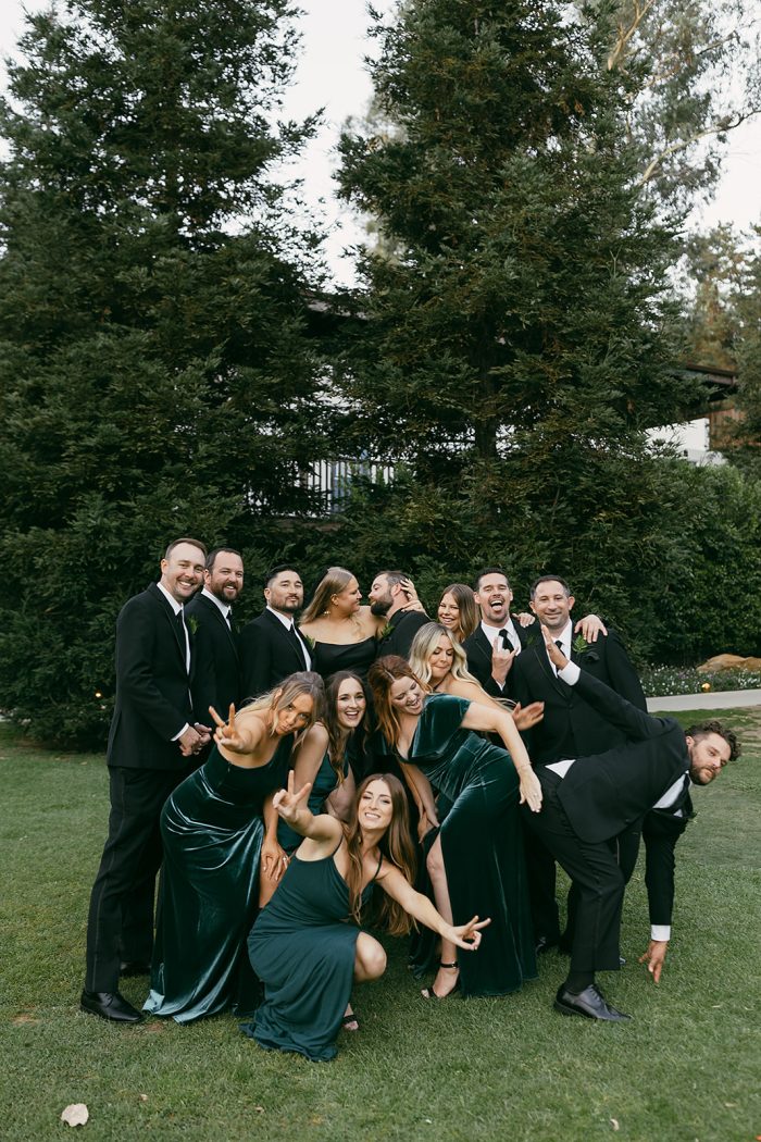 Bride wearing Aspen by Sottero and Midgley with her friends in green bridesmaid dresses