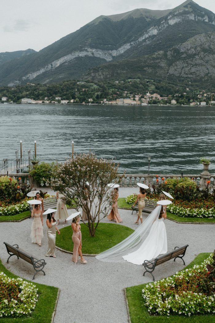 Bride wearing Aspen by Sottero and Midgley with her bridesmaids in champagne bridesmaid dresses