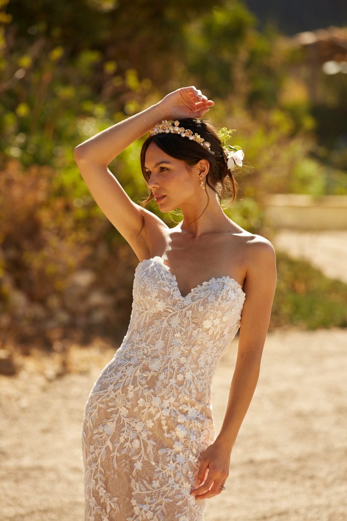 Model wearing Lace Mermaid Wedding Dress called Charmaine by Maggie Sottero in a Spanish-inspired Wedding Shoot
