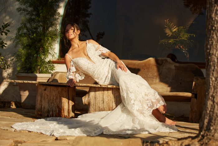 Model wearing Floral Sheath Wedding Gown Bryan by Sottero and Midgley in a Spanish-inspired wedding shoot
