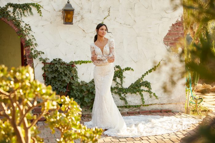 Model wearing Lace Wedding Dress called Hamilton by Sottero and Midgley in a Spanish-inspired Wedding Shoot