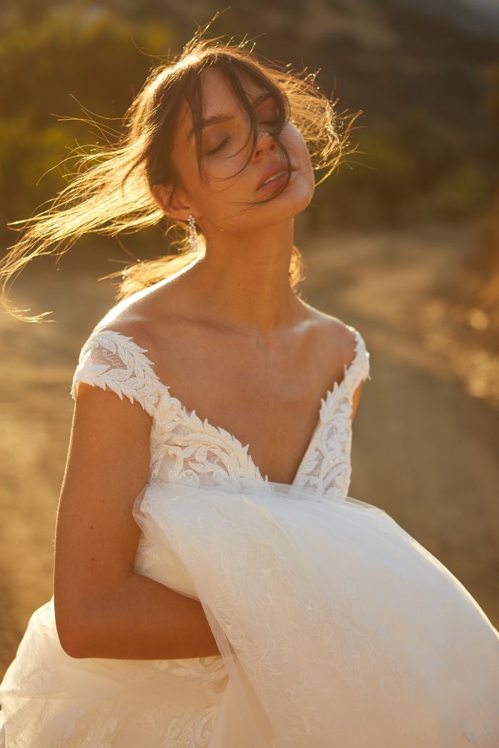 Model Wearing Glamorous Lace Wedding Dress called Joss by Sottero and Midgley in a Spanish-inspired Wedding Shoot