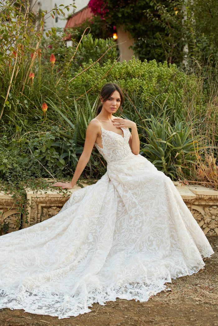 Model wearing Lace A-line Wedding Dress called Presley by Sottero and Midgley in a Spanish-inspired Wedding Shoot