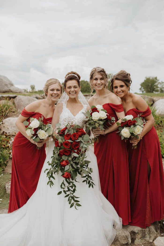 Real Bride with Bridesmaids Wearing Red Dresses