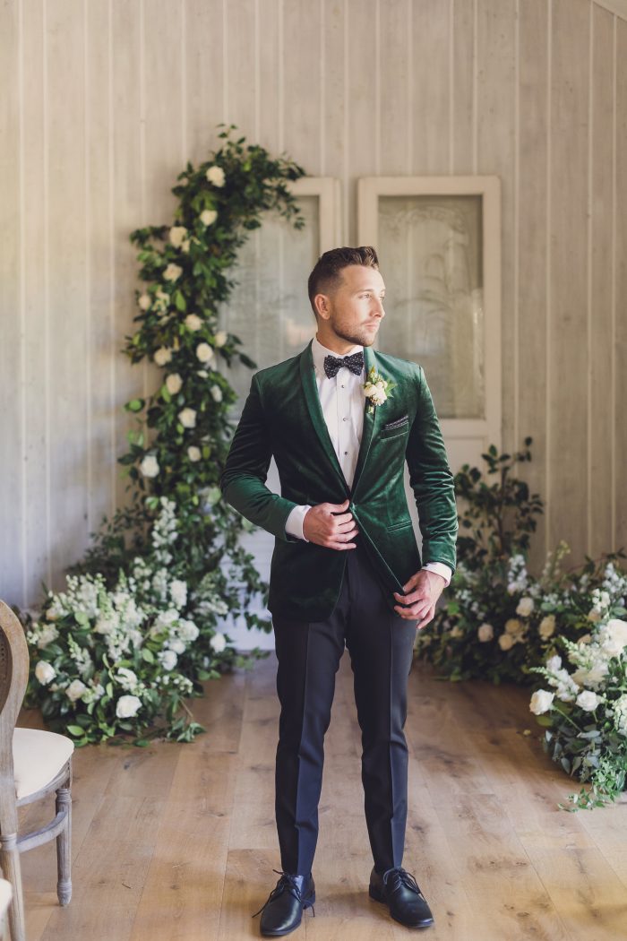 Groom Wearing Green Velvet Tux for Luxe Spring Wedding Styled Shoot