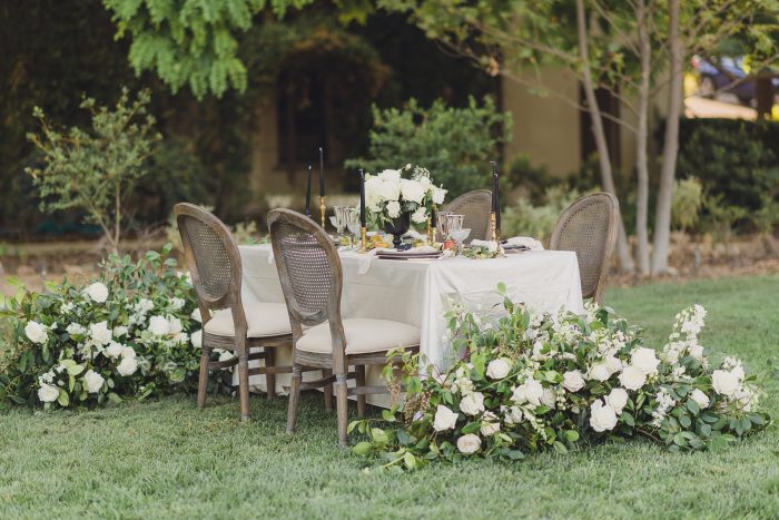Outdoor Spring Wedding Tablescape with Black and Ivory Palette