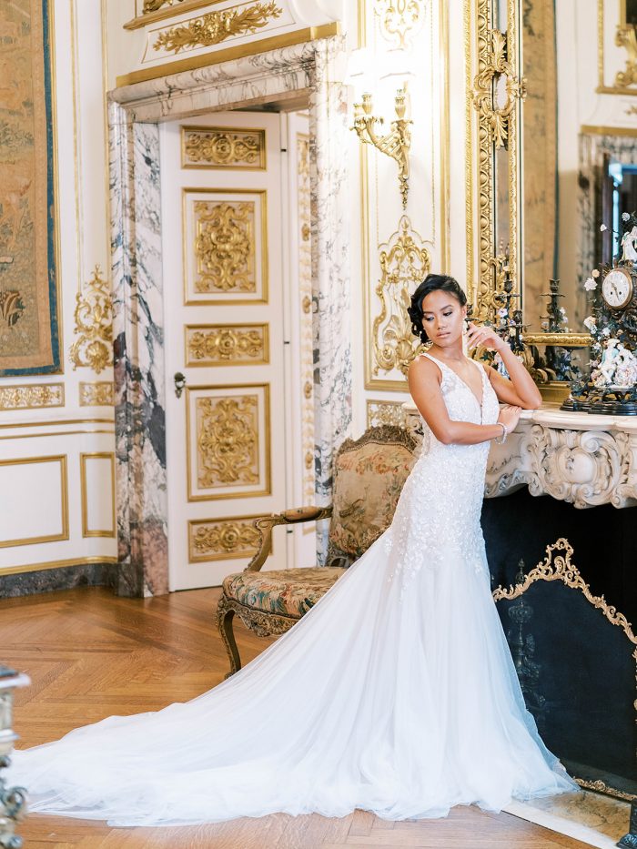 Model wearing A Grecian-Inspired Wedding Dress That Shines: Geneva by Maggie Sottero in a royal inspired shoot