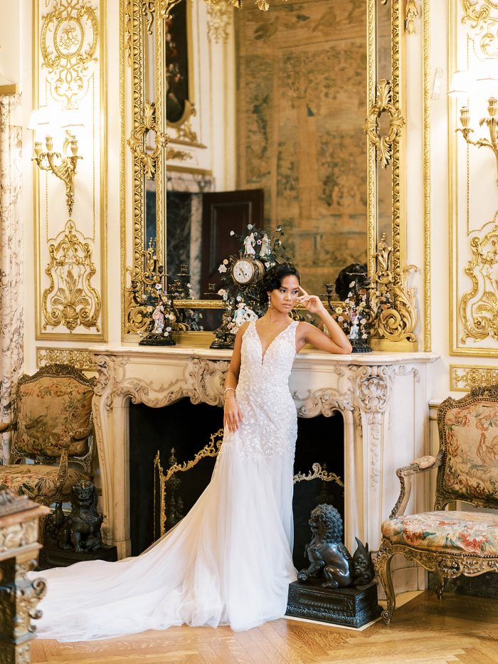 Model wearing A Grecian-Inspired Wedding Dress That Shines: Geneva by Maggie Sottero in a royal inspired shoot