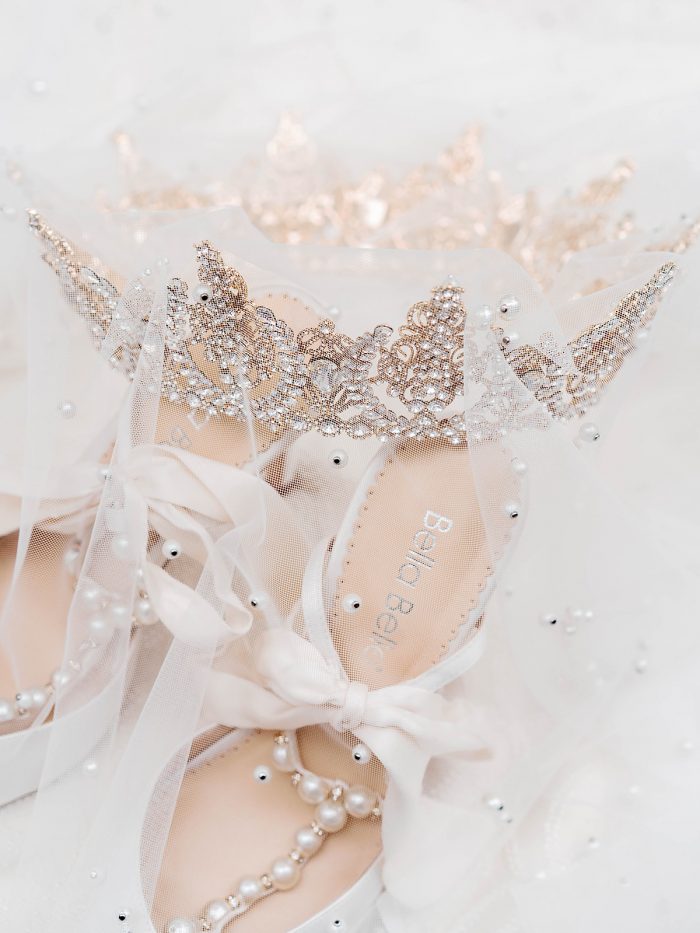 Rose gold crown and white and pearl wedding high heels for a royal inspired wedding