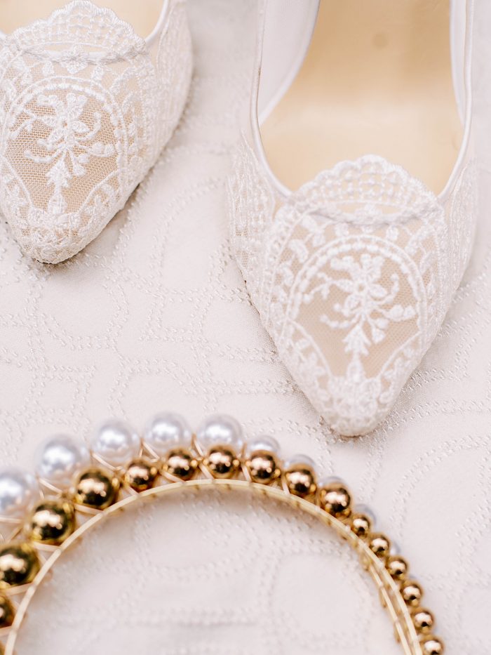 white lace high heel wedding shoes and Pearl and Gold headband for a royal inspired wedding