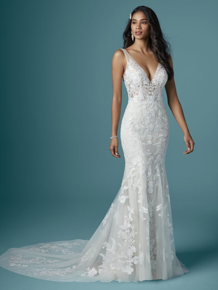 Bride Wearing Fit-And-Flare with Nature-Inspired Lace Wedding Gown Greenley by Maggie Sottero