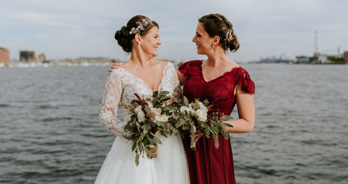Bride With Maid Of Honor In Lace Wedding Dress Called Mallory Dawn By Maggie Sottero