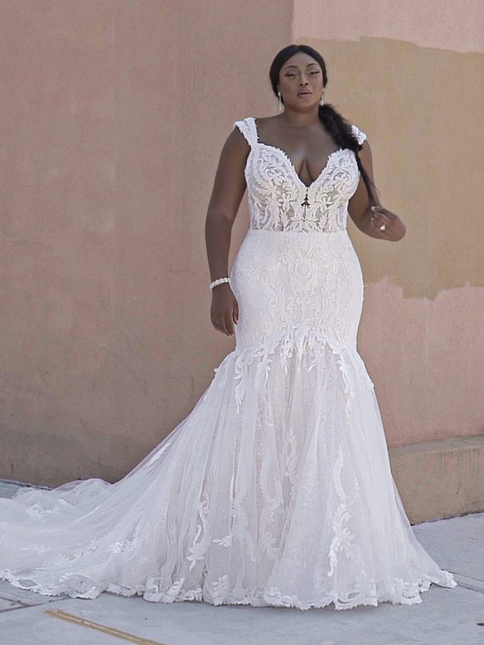 Model wearing Lace Plus Sized wedding gown Joss by Sottero and Midgley